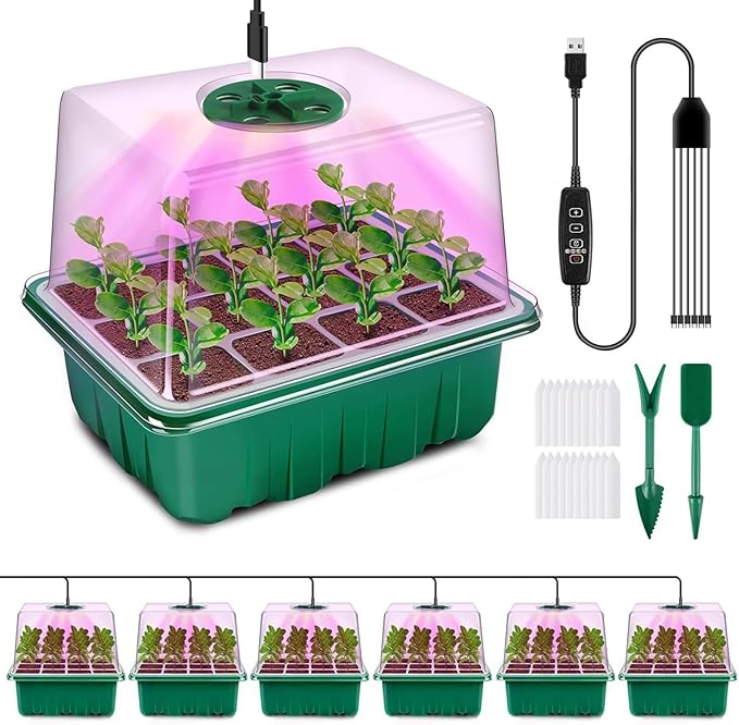 YAUNGEL Seed Starter Tray with Grow Light, 6 Pack Seed Starter Kit with Timing Controller Adjustable Brightness, Thicken Seedling Starter Trays with Humidity Domes Heightened Lids, Gift Box