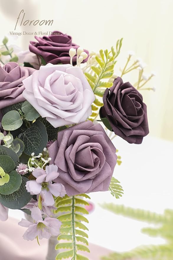Floroom Artificial Flowers 25pcs Real Looking Plum Ombre Colors Foam Fake Roses with Stems for DIY Wedding Bouquets Bridal Shower Floral Centerpieces Party Tables Home Decorations