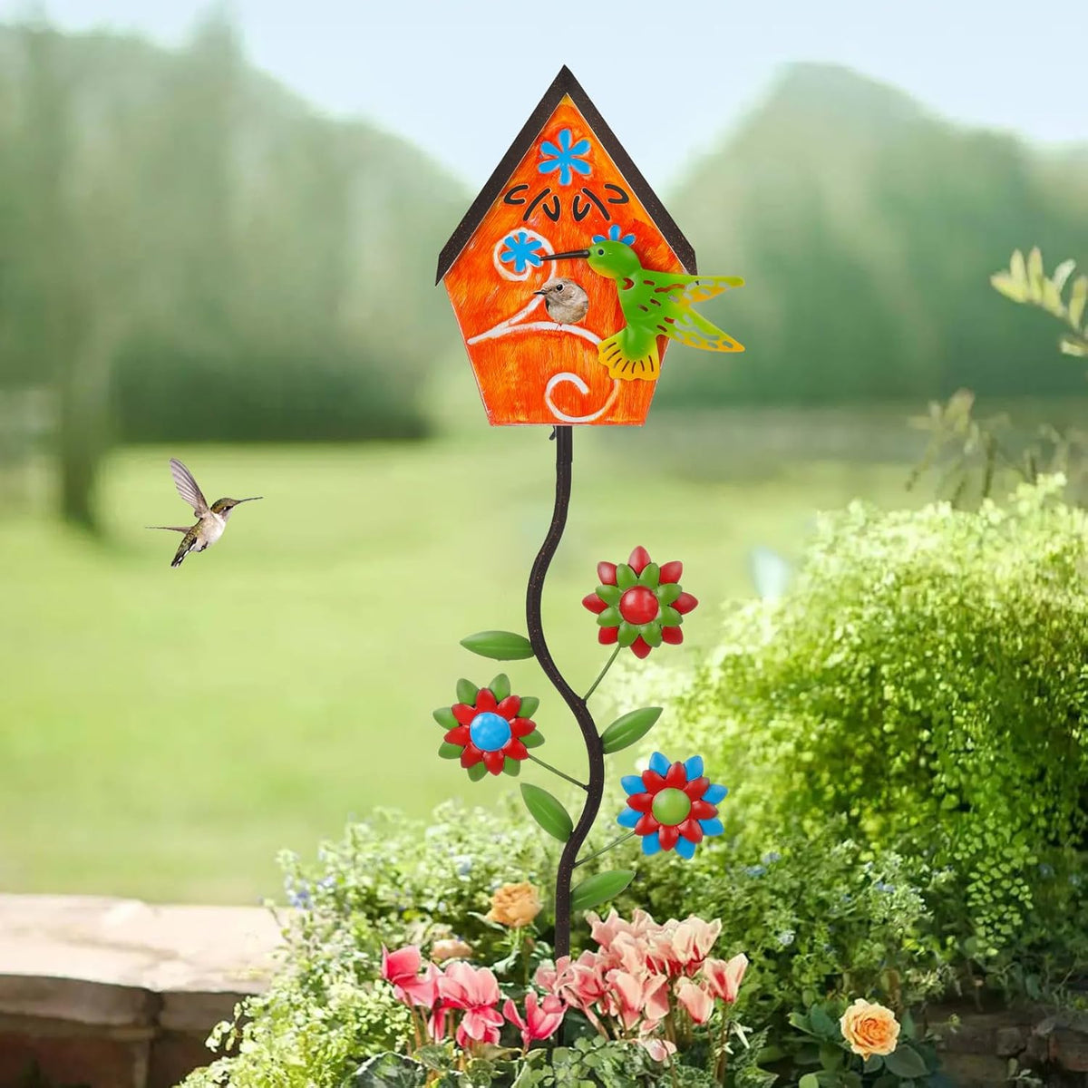 51” Bird Houses Stake for Outside, Metal Wild Bird Feeder Birdhouse Stake Pole with Hummingbird Design Outdoor Decorations for Patio, Backyard, Garden