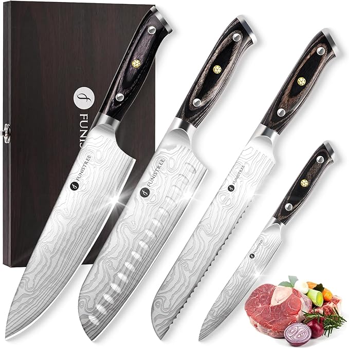4 Pieces Professional Kitchen Knife Set, Damascus German Stainless Steel Chef Knife Set With Wooden Box, 8" Chef Knife, 5" Utility Knife, 8" Bread Knife, 7" Santoku Knife, Gift for Men Women Christmas