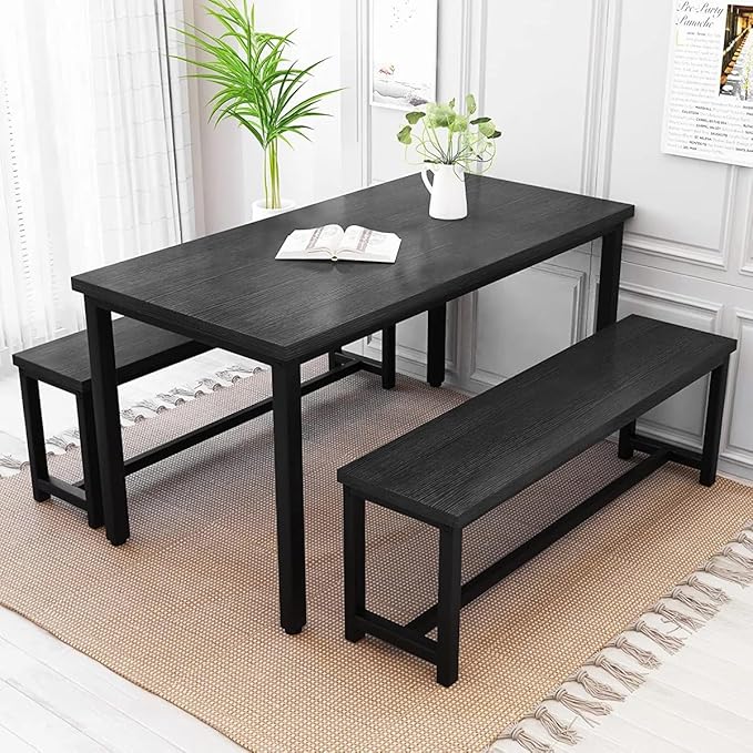 Recaceik Dining Table Set for 4 Kitchen Dining Room Set with 2 Dinner Benches, Farmhouse Breakfast Table for Apartment Small Space, Easy Assembly