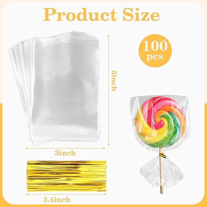 Cidenbio 100 PCS Cellophane Treat Bags, 3x5 In Clear Cellophane Gift Bags with Twist Ties Plastic Goodie Bag for Party Favor Cookie Candy Popcorn Bakery Chocolate Gift Wrapping