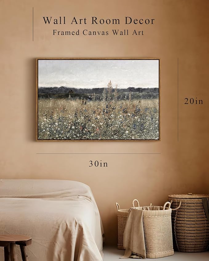 InSimSea Framed Canvas Wall Art Vintage Decor, Large Wall Art, Meadow with Flowers Landscape Wall Art Prints, Modern Farmhouse Cottagecore Bedroom Bathroom Office Decoration, 20"x30"