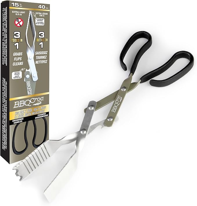 BBQ Croc 3 in 1 Barbecue Tool 15-inch - Extra Light Tongs, Spatula and Grill Scraper (Green)