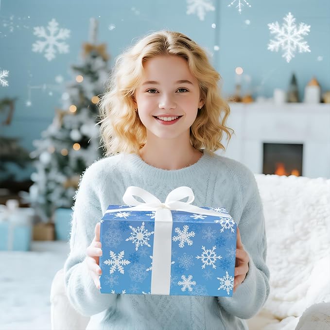 LeZakaa Christmas Wrapping Paper Roll, Purple Blue Snowflakes, Elegant Gift Wrap for Winter Holidays, Birthdays, Adults, Men, Women, Mini Roll 17 in x 16.4 Ft