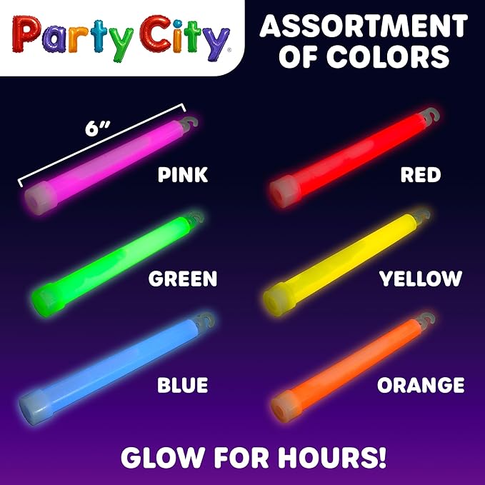 Party City Multicolor Glow Sticks Bulk Pack 6”- 25pk Glow in the Dark Sticks for Kids, Waterproof Camping Survival Ultra Bright Emergency Light Stick with String, Neon Glowsticks Party Supplies Favors