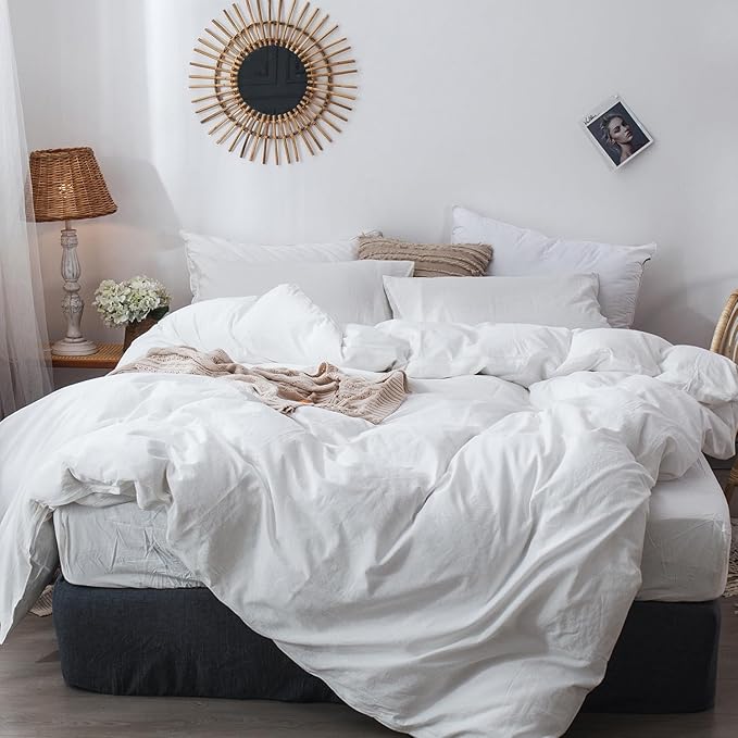 MooMee Bedding Duvet Cover Set 100% Washed Cotton Linen Like Textured Breathable Durable Soft Comfy (Solid Off White, Super Queen 90"x98")