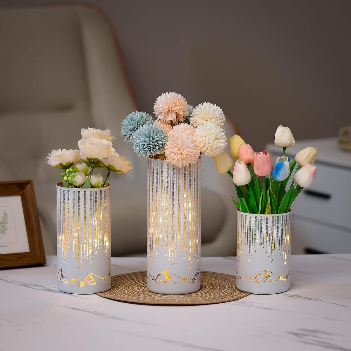 Starry Night Hurricane Candleholders with Warm LED Lights & Remote Timer, Elegant Twinkling Decorative Centerpieces for Wedding, Dining Table, Living Room, Mantel Décor, Set of 3 (White)