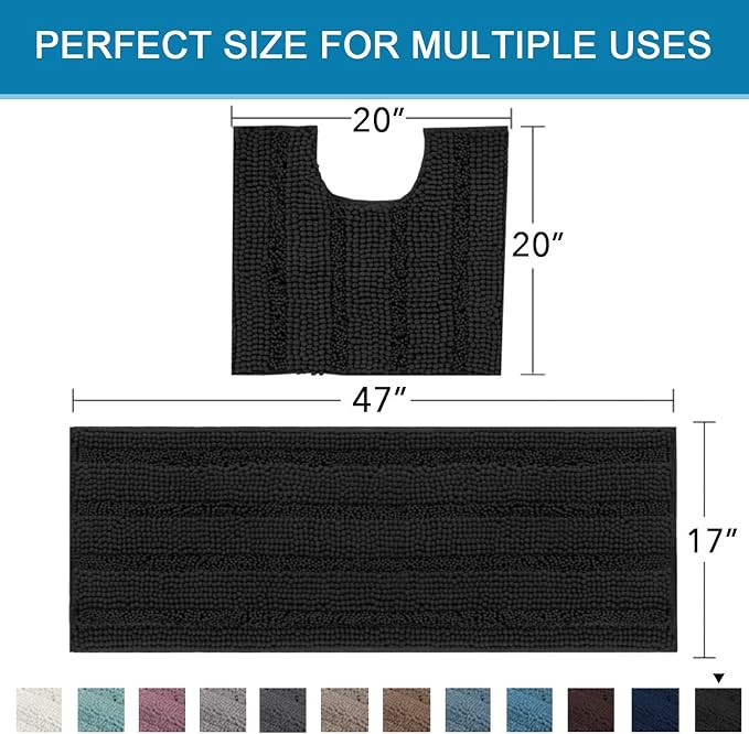 H.VERSAILTEX Bathroom Rugs Bath Rug Set 2 Piece Bathroom Contour Rug Toilet Mat Sets Non Slip Contour Bath Rug Ultra Thick Water Absorbent Striped Bath Mats Washable(47" x 17" Plus 20" x 20" U, Black)