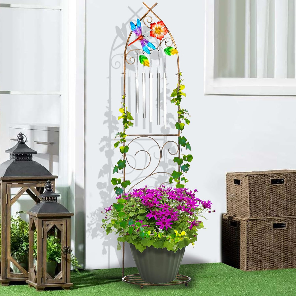 Garden Trellis with Plant Stands, 48” Metal Detachable Dragonfly Plant Pot Trellis with Wind Chimes for Climbing Plants Outdoor Lawn Patio Porches Decor