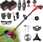 Electric Weed Wacker Cordless Weed Eater Battery Powered, 21V Stringless Grass Trimmer/Edger/Brush Cutter/Lawn Mower, 2 Battery with Wheel & Blades for Yard Garden