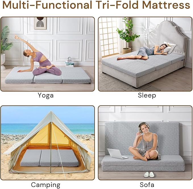 Foldable Mattress, 4 Inch Memory Foam Guest Floor Mat, Tri Folding Portable Mattress for Kids and Adults, Washable Cover, Non-Slip Design, Single Size (25.2" L x 74" W x 4" Th), Grey