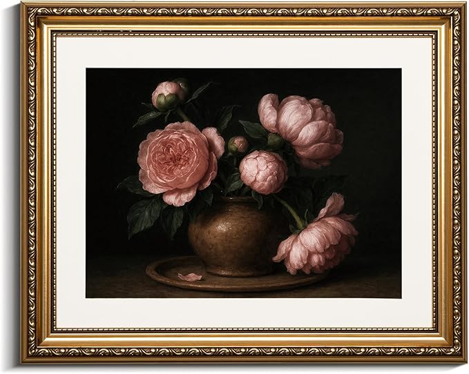 VIYYIEA Gold Framed Wall Art, Pink Peony Canvas Print Home Decor Vintage Art Painting Picture Bathroom Wall Decor, Flowers Artwork for Living Room Bedroom Kitchen Office - 16L x 13W