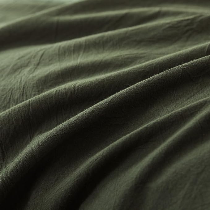 JIYUAN 100% Washed Cotton Duvet Cover Set 2 Pieces Twin, 1 Duvet Cover 68x90 Inches(Comforter Not Included) and 1 Pillowcases,Linen Feel Bedding Set Comfy and Breathable,Olive Green