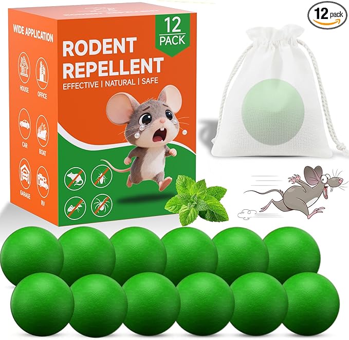 Rodent Repellent 12 Pack, Natural Peppermint Mouse Repellent Balls, Safe for Family & Pets, Indoor & Outdoor Pest Control for Mice Rats Roaches Spiders Ants, for Home Garage Basement Attic Kitchen