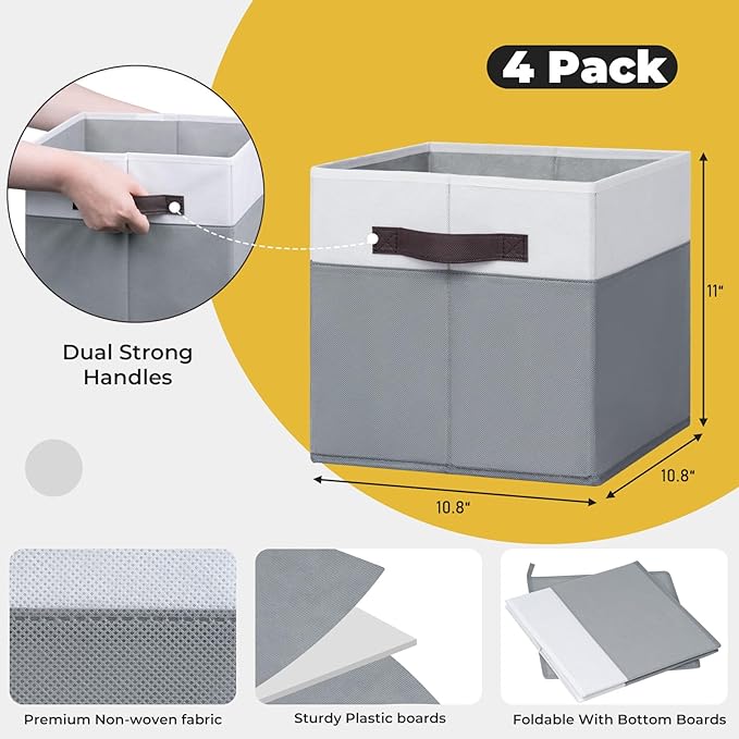 Criusia Fabric Storage Cubes - 11 Inch Collapsible Storage Bins 4 Pack - Clothes Organizer Bins for Closet, Shelves, Cube Organizer/Home Organization and Storage Baskets for Organizing Toys Blanket
