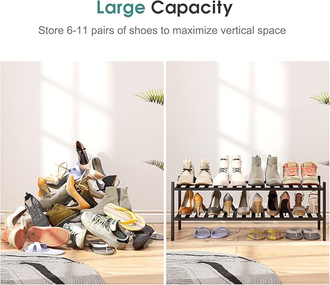 Black Shoe Rack, 2-Tier Long Shoe Rack for Entryway, Bamboo Wood Shoe Shelf for Closet & Hallway, Long 33IN | Beautiful | Functional | Sturdy | Durable