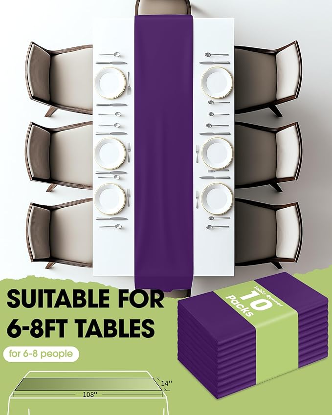 Pureegg Purple Plastic Table Runners - 10 Pack, 14'' x 108'', Water Resistant & Disposable Centerpiece Decorations for Table Cloth, Wedding, Birthday, Holiday, Baby Shower, Party, Home Decor