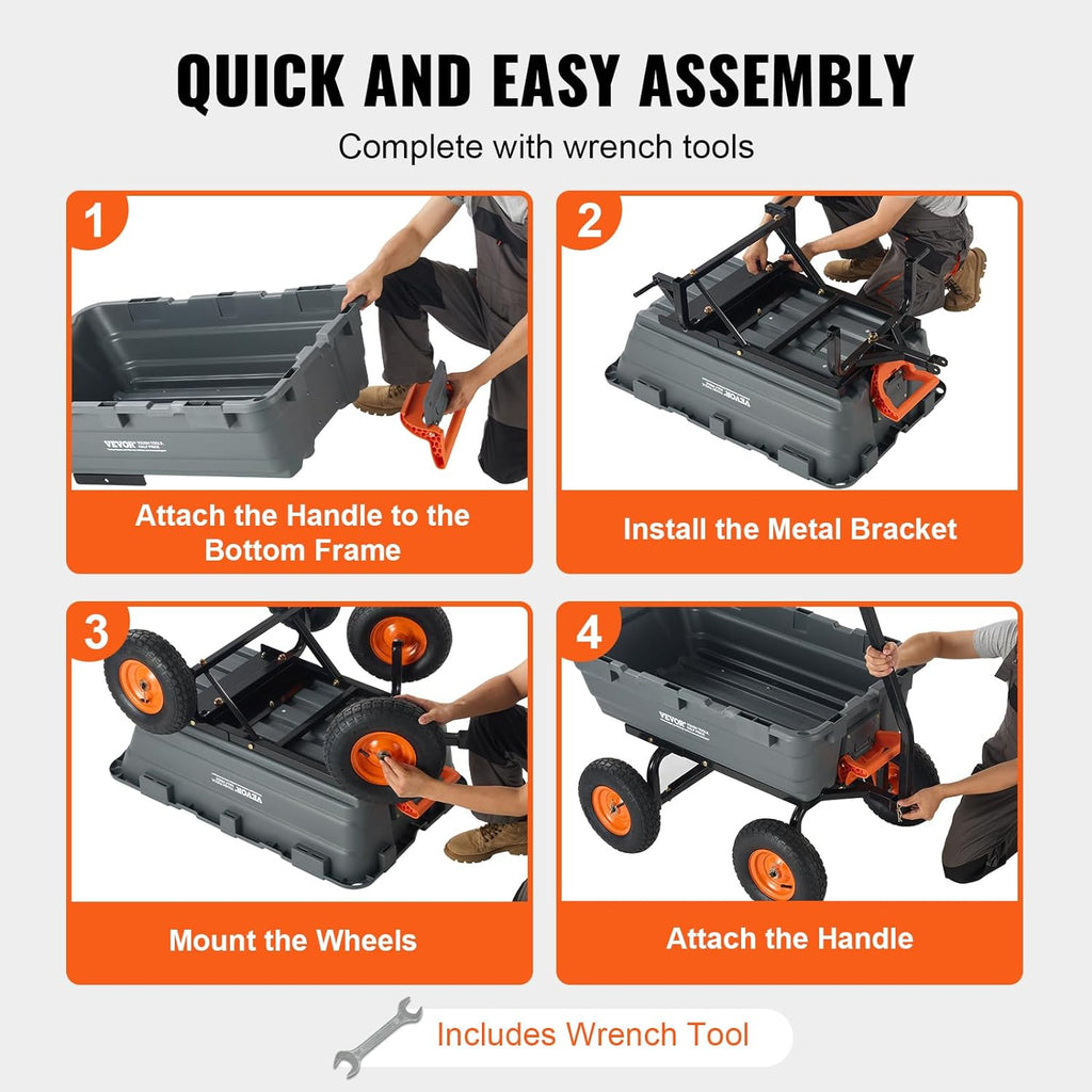 VEVOR 1200lbs 7Cu.Ft. Garden Dump Cart with 2-in-1 Convertible Handle and 13in All Terrain Wheels, Heavy Duty Poly Yard Dump Wagon Utility ATV Trailer Dump Cart Tow Behind for Lawn Mower Tractor