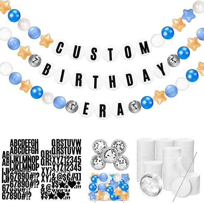 Giant Friendship Bracelet Garland Kit, DIY Birthday Banner with Letters Ball Jumbo Customizable Friendship Bracelet Decor for Halloween Christmas Wedding Party(Blue, Gold, White)
