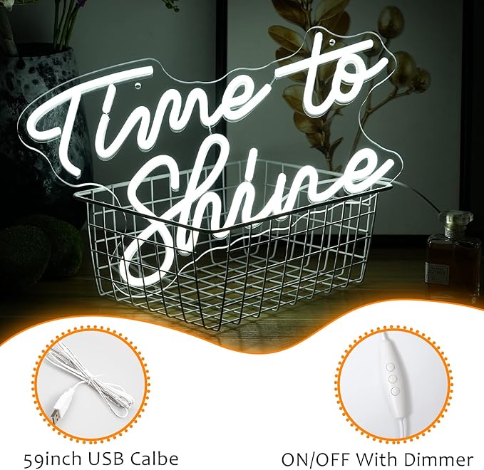 Time To Shine Neon Sign White Led Sign Time To Shine Neon Lights Decor for Lover Dimmable Letter Neon Wall Signs USB Powered with Switch Neon Signs for Wall Decor Party Wedding（16.5’’X10.2’’）