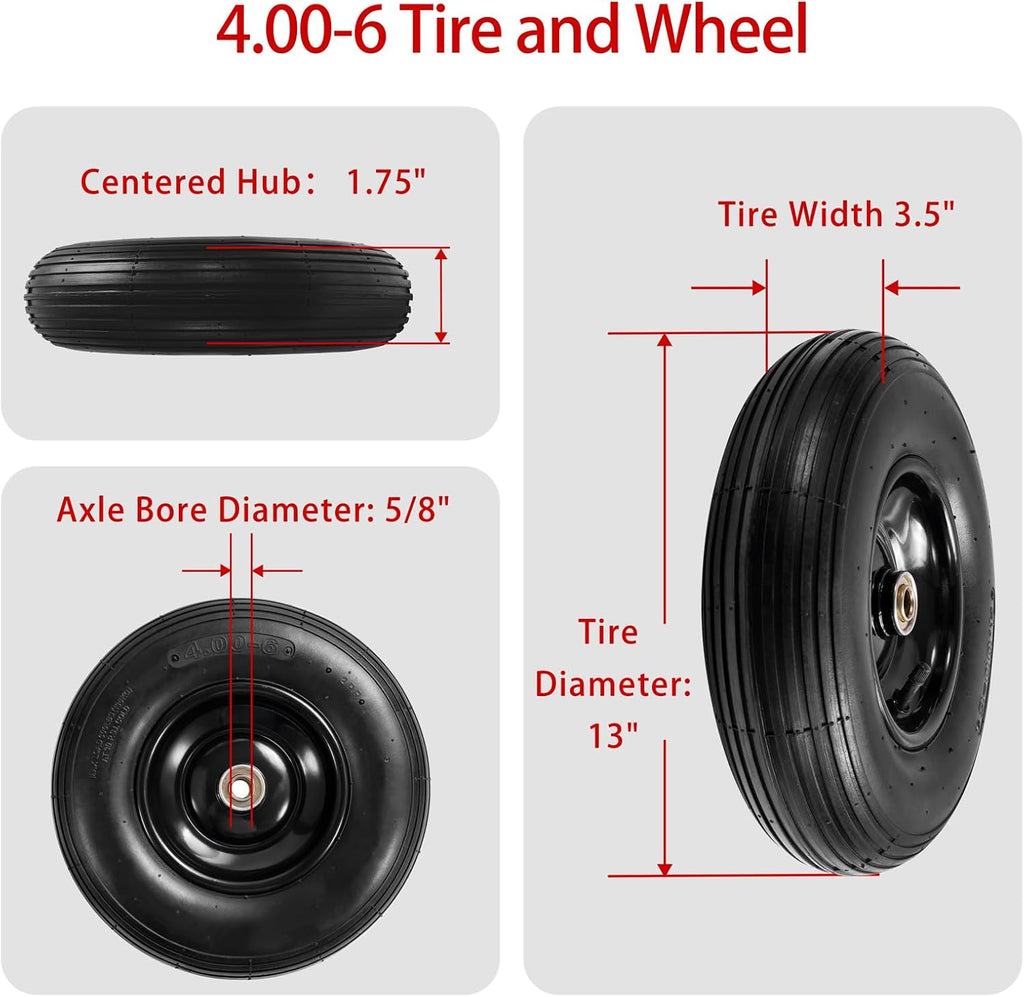 (2-Pack) 4.00-6 Wheelbarrow Tires, 13 Inch Pneumatic Tire and Wheel with 5/8" or 3/4" Bearings, 1.75"-5.75" Center Hub 4.00-6 Pneumatic Tire for Wheelbarrows, Trolleys, Garden Carts
