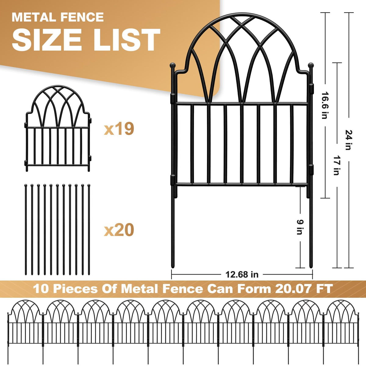 LATIHUUM 19 Pack Decorative Garden Fence Panels - 20.07 Ft Black Arched Metal Landscape Border Edging with Floral Design,No-Dig Rustproof Wire Fencing for Flower Beds, Patios, Dog, Yard, Outdoor
