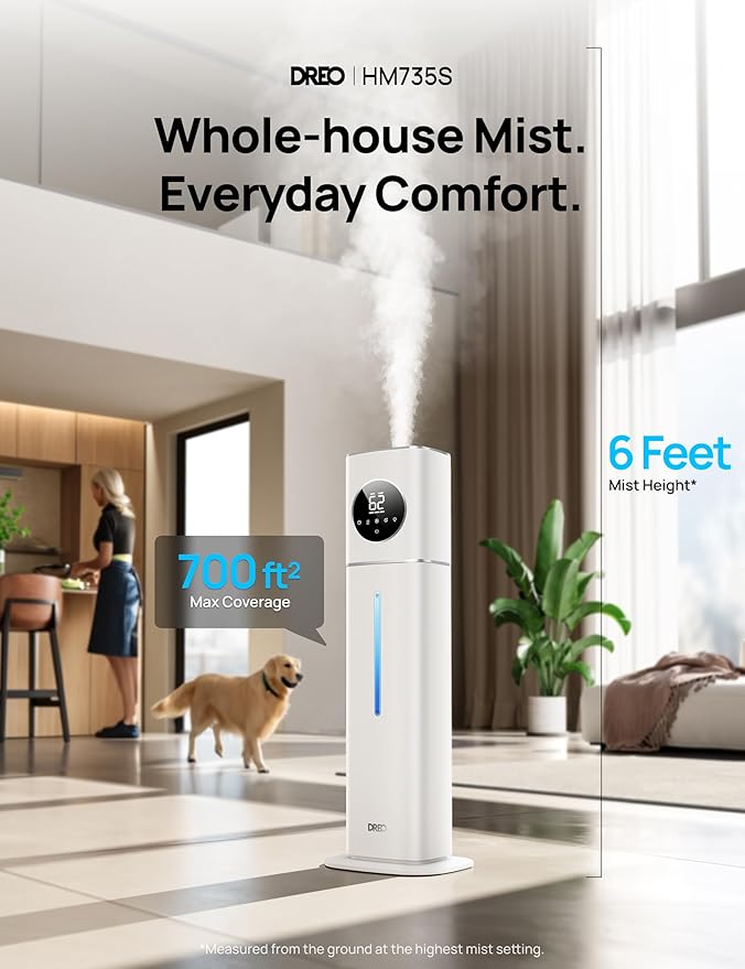 Dreo 11L Smart Humidifier Large Room 700 ft², 100H Cool Mist Air Humidifiers for Bedroom, Top-Fill Self-Cleaning Tank, 26dB, Auto Mode, Aroma Box, RGB Light, Remote & APP Control, Baby, Plant, Silver