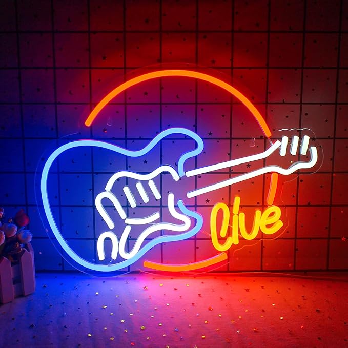 Wanxing Live Music Neon Signs Guitar Shape LED Signs Game Art LED Neon Signs for Wall Decor Studio Neon Light Signs USB Powered Switch Lights Up Sign for Party Lover Girl Boy(Colorful Guitar Live)