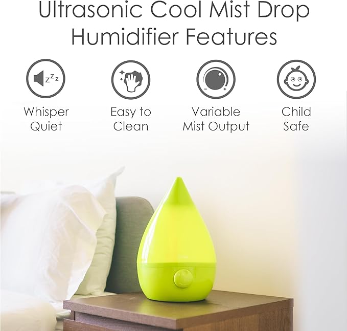 Crane Drop Ultrasonic Cool Mist Humidifier, 1 Gallon Teardrop with Auto Shutoff for Baby Nursery, Bedroom, Office, Plants, Green