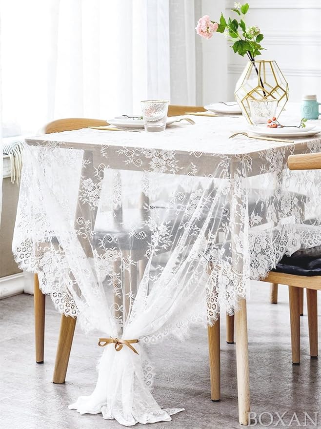 BOXAN 60x120 Inch Gorgeous White Lace Tablecloth Overlay Rose Vintage Embroidered, Romantic Boho Wedding Reception Table Decor, Baby & Bridal Shower Décor, Elegant Chic Outdoor Tea Party Tablecover