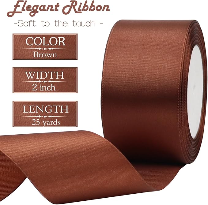 Brown Solid Satin Ribbon 2 Inch 25 Yards Solid Polyester Fabric Ribbon for Gift Wrapping Wedding Christmas Baby Shower Birthday Party Decoration Handmade Immortal Flower Craft