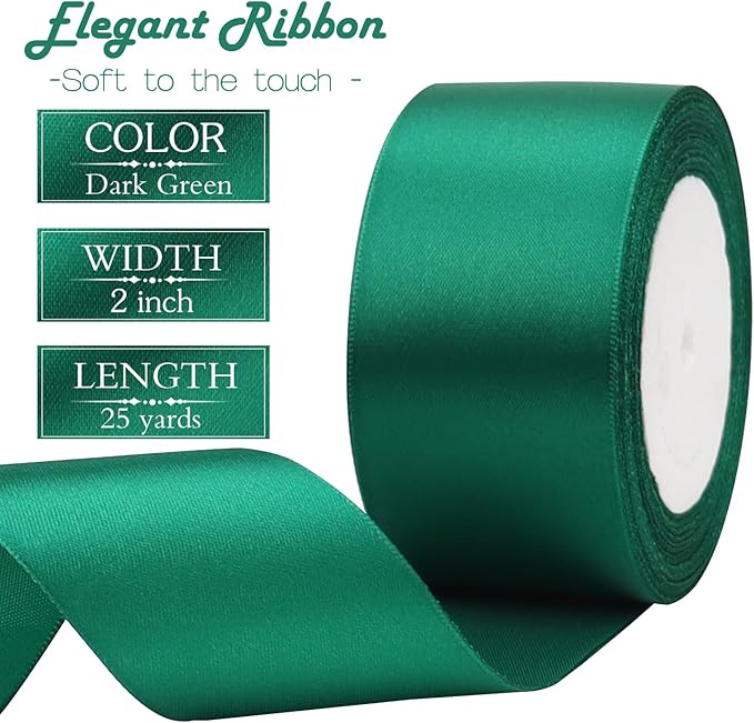 Dark Green Solid Satin Ribbon 2 Inch 25 Yards Solid Polyester Fabric Ribbon for Gift Wrapping Wedding Christmas Baby Shower Birthday Party Decoration Handmade Immortal Flower Craft