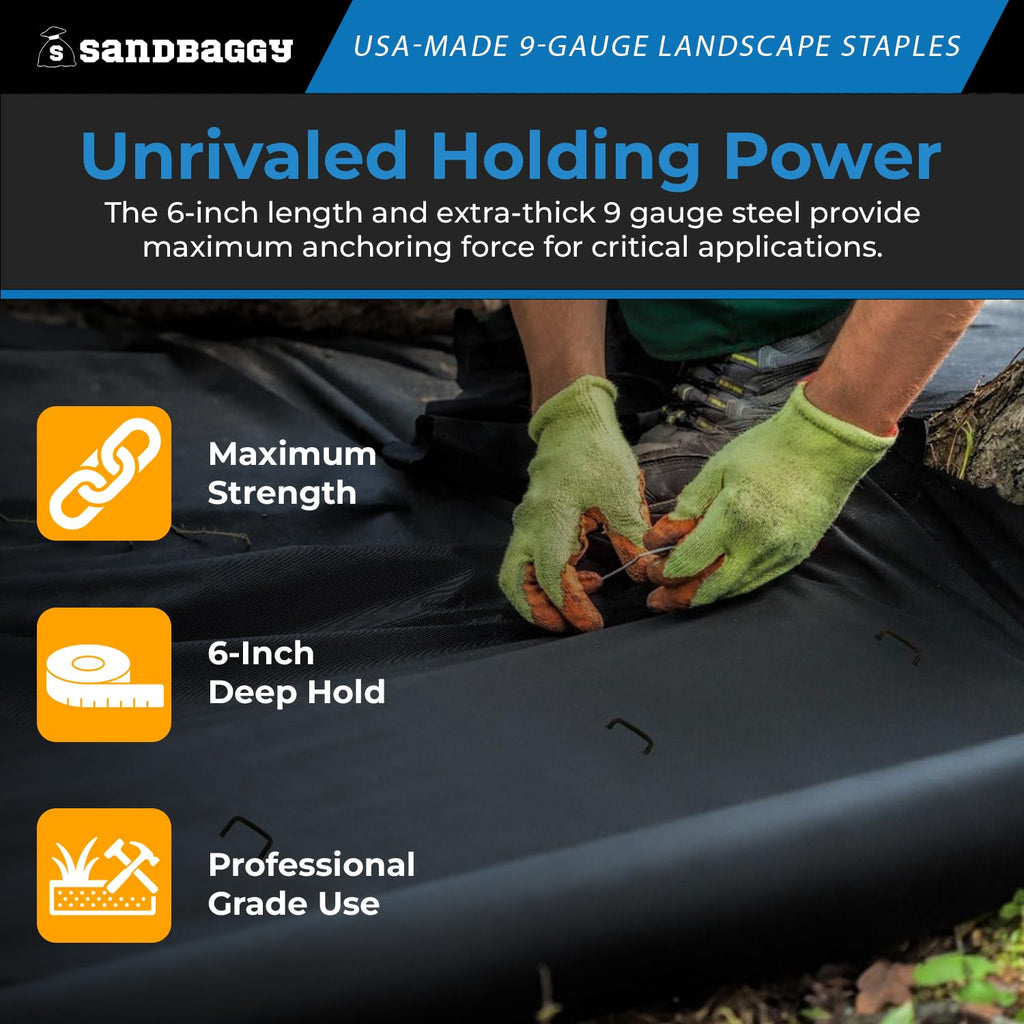 Sandbaggy USA Made 6-inch Landscape Staples - Garden Stakes - Landscaping Fabric, Netting, Sod, Artificial Turf (Heavy Duty, 2000)