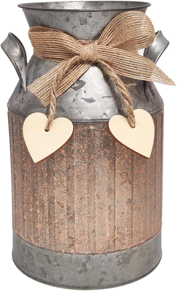 Shabby Chic Classy Designed Brown Milk Can Heart-Shaped Galvanized Finish Metal Vase Country Rustic Primitive Decorative Flower Holder, 8.8" H