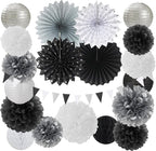 Black White Silver Party Decorations - 20pcs New Year Men Birthday Paper Lanterns Fans,Tissue Pom Poms,Honeycomb Balls,Bunting,Wedding Bachelorette Bridal Graduation Baby Decor Burgleda