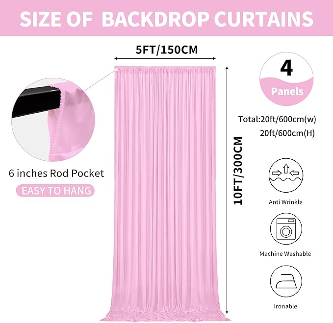20x10ft Backdrop Curtains for Parties, 4 Panels 5x10ft Curtains Photography Drapes Rod Pocket Curtain Backdrop for Birthday Wedding Baby Shower Home Decor