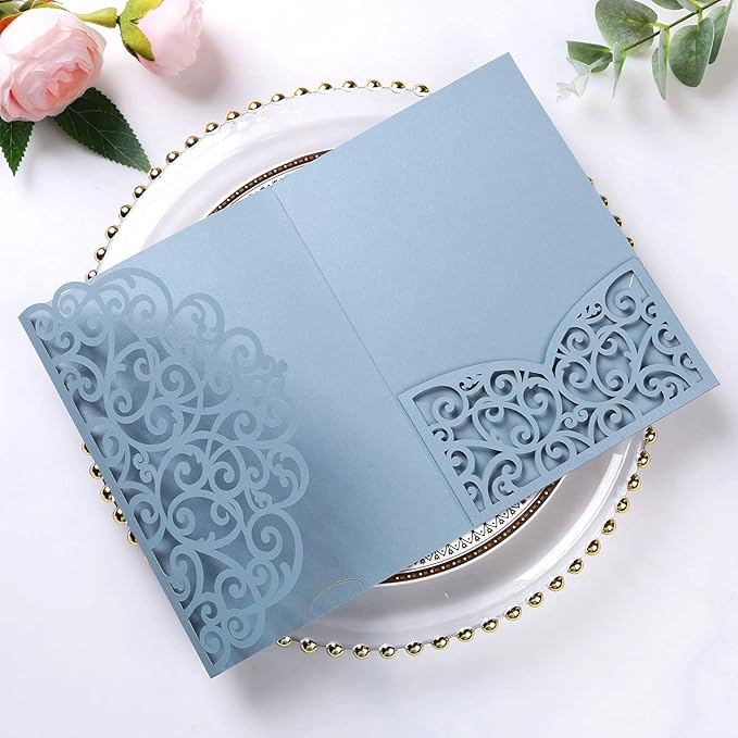 PONATIA 5.12 x 7.2 Dusty Blue Laser Cut Invitation Pocket, 20PCS Tri-Fold 5 x 7 Laser Cut Wedding Invitation Pockets with Envelopes for Wedding Bbay Shower Birthday Sweet 16 Invite (No Inner Sheet)