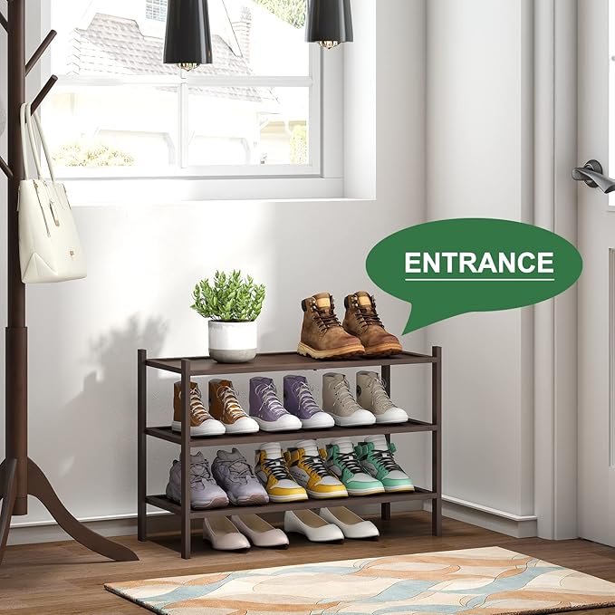 Bamboo Shoe Rack for Entryway, 3-Tier Stackable | Foldable | Natural, Shoe Organizer for Hallway Closet, Free Standing Shoe Racks for Indoor Outdoor