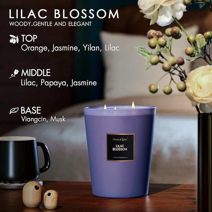 HomeLights Highly Scented Soy Candles Big 33.3 oz for Home. 3 Cotton Wicks, Smokeless Long Lasting 130 hrs in Lilac Blossom. 5x6, Great Gift for Women & Men