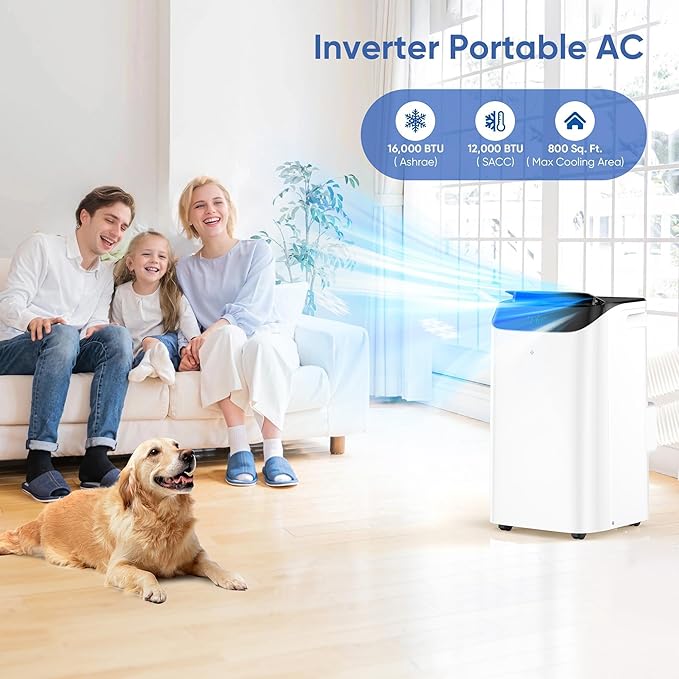 16,000 BTU Inverter Portable Air Conditioner with Remote, Free Stand Cooling Portable AC Unit for Room up to 800 sq.ft, with Dehumidifier & Fan,Dual Hose,Windows Kit,Quiet Sleep Mode(45dB)