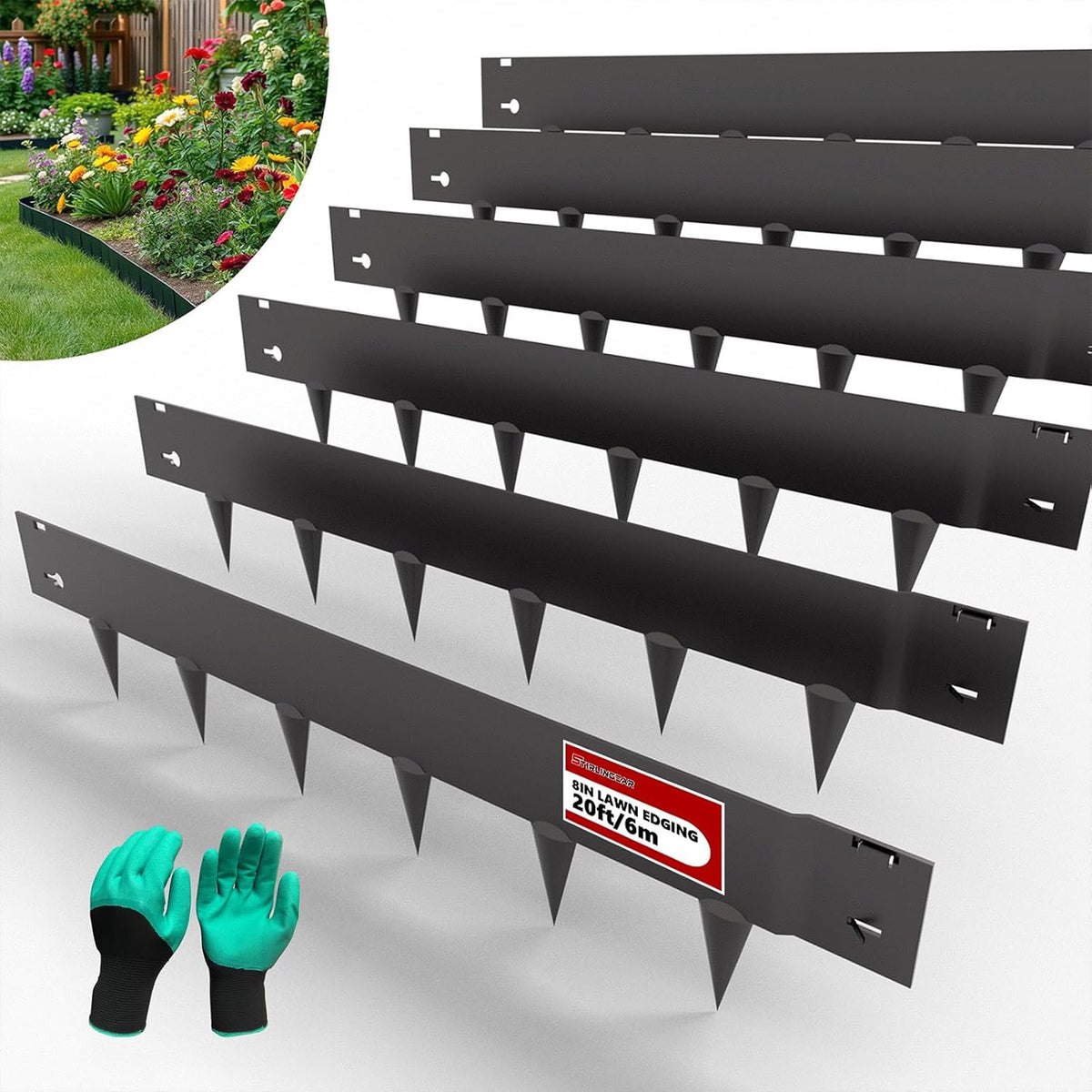 20ft. Galvanized Steel Landscape Edging (6-Pack) – 40" x 8" Metal Garden Border, Hammer-in Lawn Edging for Landscaping, Tree Rings, Yard & Pathway – Black Steel Lawn Edge for Garden Design