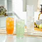 Drinking Glasses Set of 4, 16oz Textured Flower Design Cocktail Glasses, Stackable Old Fashioned Glass Cups, Vintage Glassware for a baby Shower Wedding for Kitchen and Bar - Dishwasher Clear