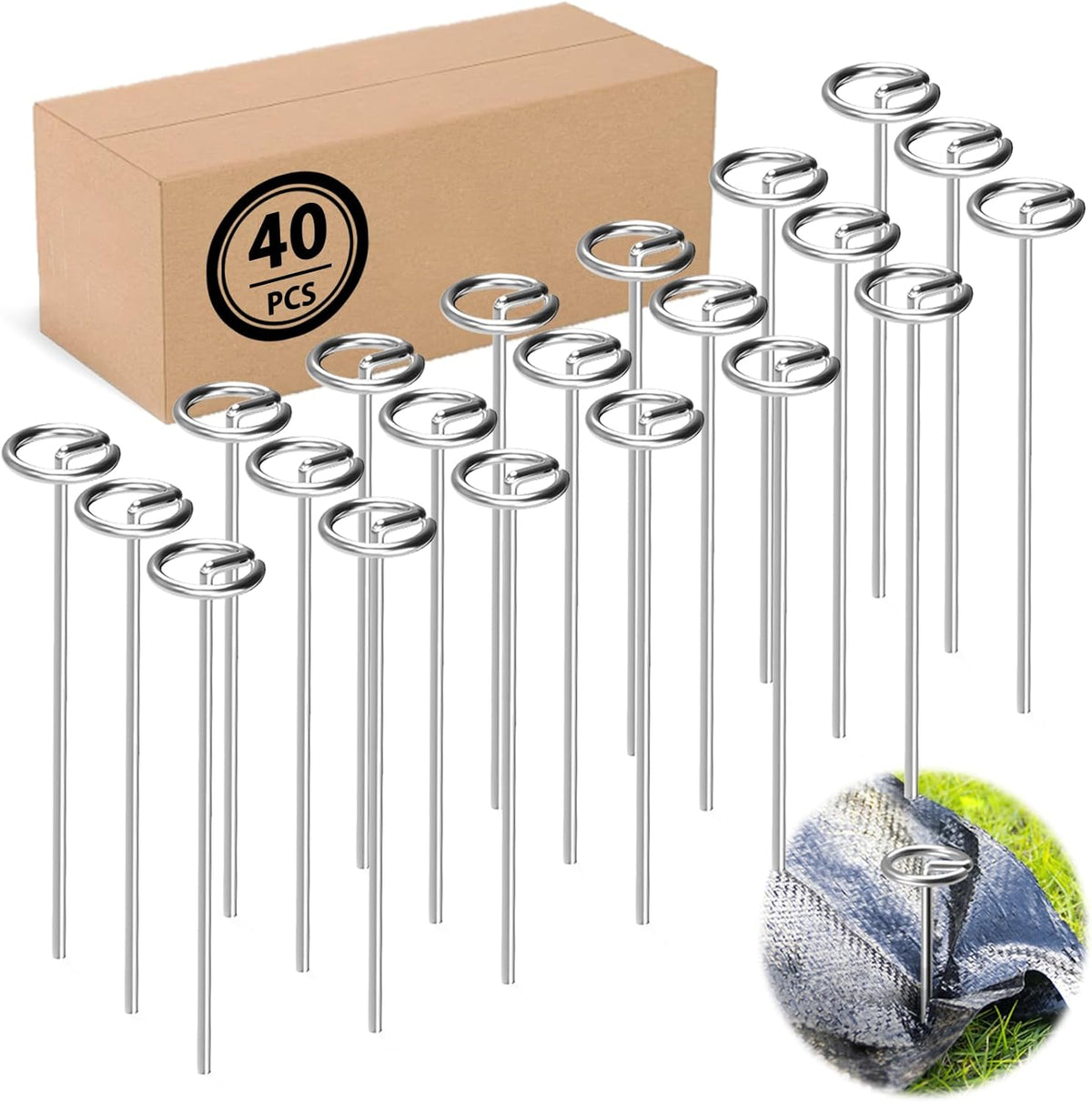 40 Pack Heavy Duty 8 Gauge Galvanized Landscape Fabric Pins, 6 Inch G-Shaped Round Top Weed Barrier Stakes for Garden, Erosion Control, Tent, Ground Cover (Silver)