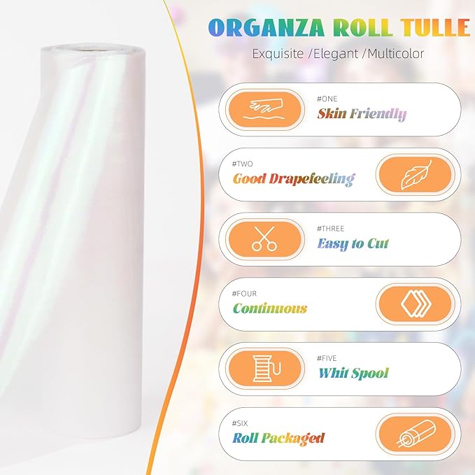 Crystal Organza Fabric Tulle 11 Inch by 50 Yards Sheer Tulle Rolls for DIY Craft Wedding Party Baby Shower Decor Gift Wrapping Party Supplies (Fantasy White)