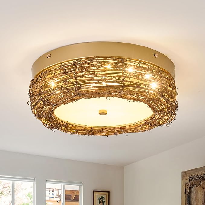 11 inch Rattan Light Fixture Boho Flush Mount Ceiling Light Hand Woven LED Ceiling Lamp for Hallway Bedroom Kitchen Entryway Living Room Nursery