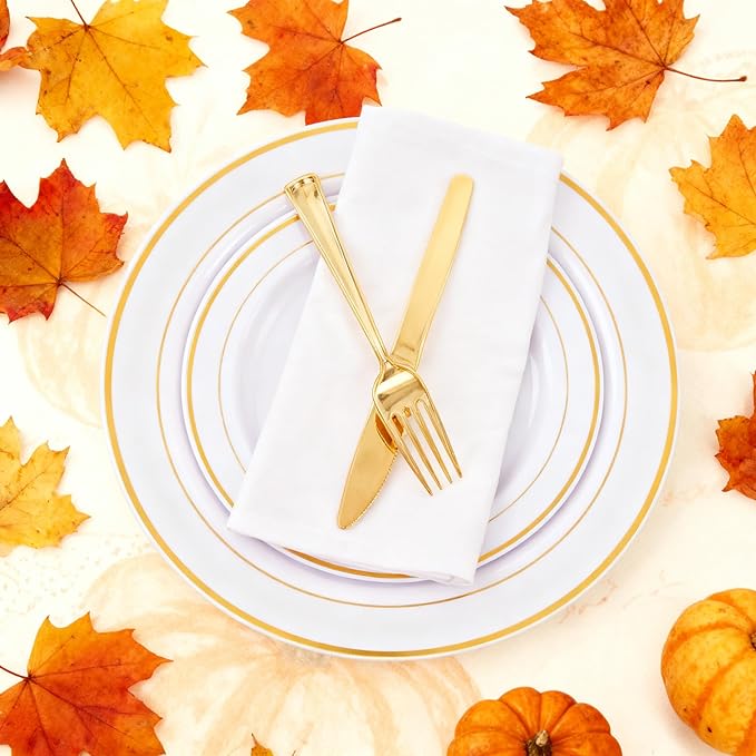 WDF 120 Pieces Gold Plastic Silverware - Disposable Flatware Set - Heavy Duty Thanksgiving Plastic Cutlery - Silverware Includes 40 Forks, 40 Spoons, 40 Knives