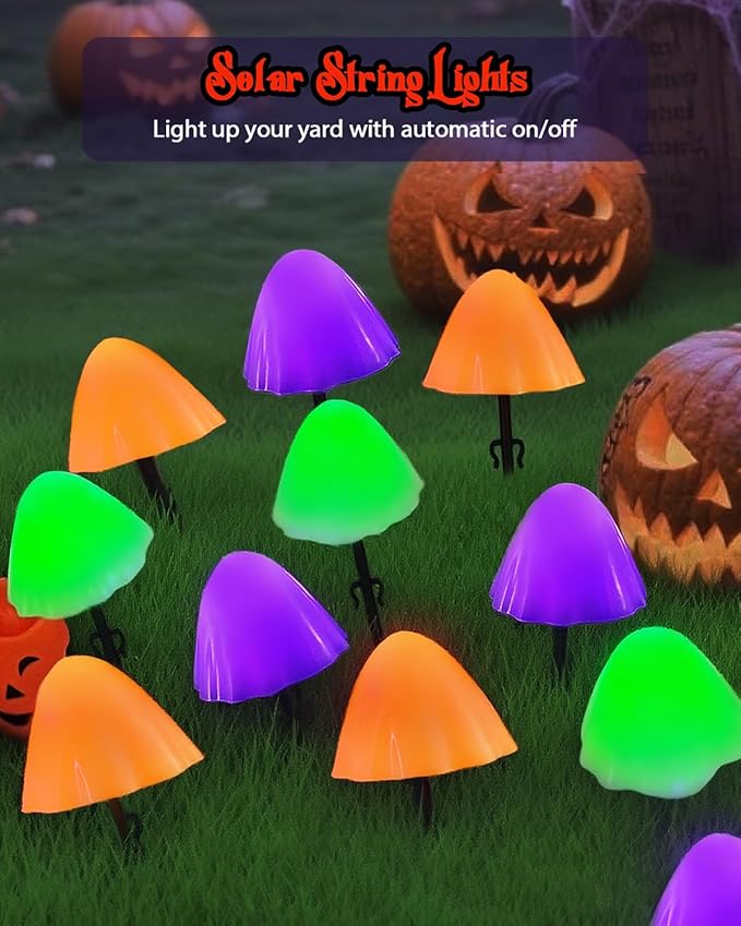 OZS 2PK 55FT 32LED Halloween Orange Purple and Green Solar Mushroom Lights Outdoor, Solar String Light with 8 Lighting Modes Auto On/Off, Halloween Garden Lights for Witch Decorations