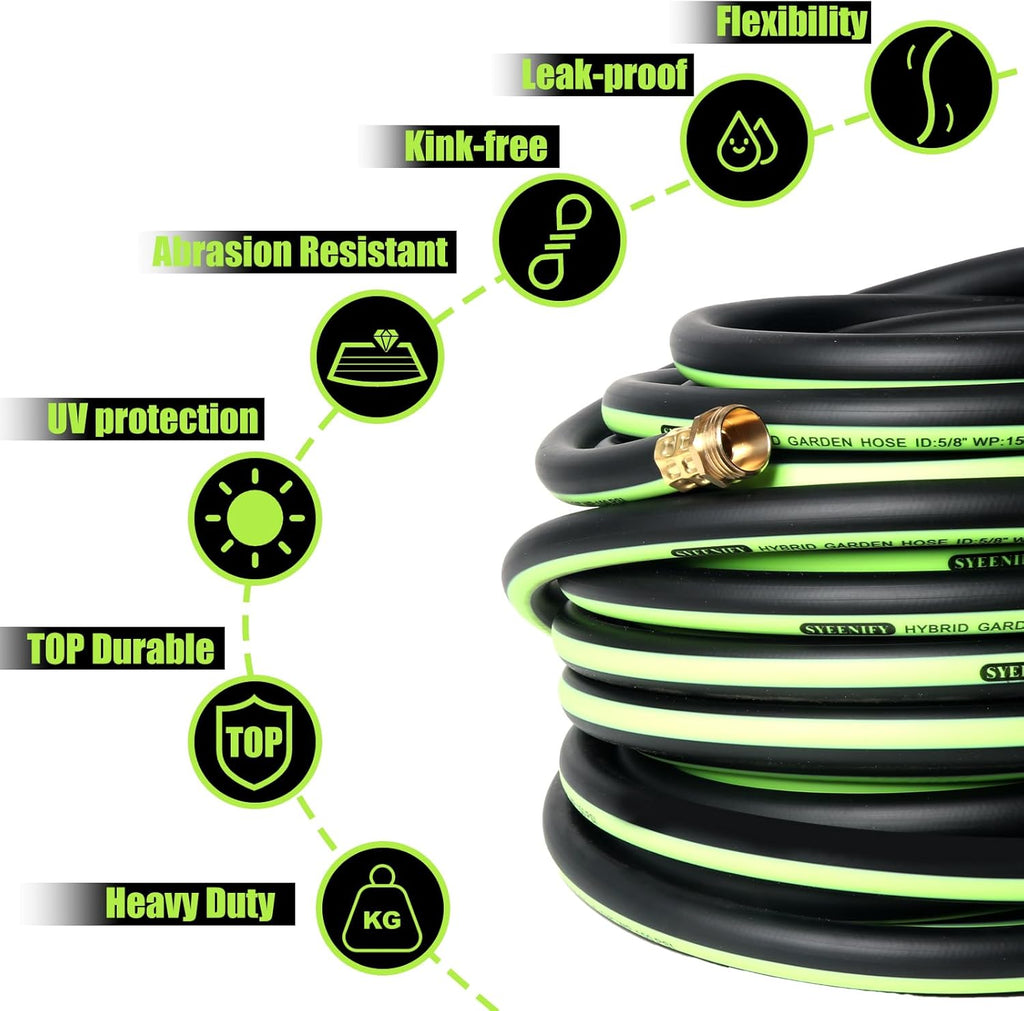 SYEENIFY Kink Free Garden Hose 25ft 5/8", Heavy Duty Hybrid Water Hose, Ultra Durable Flexible Rubber Hose with Sprayer Nozzle,Leakproof Yard Outdoor Hose with Brass Solid Connector