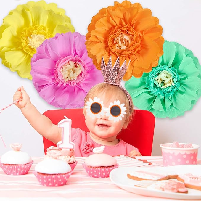 SUNBEAUTY Giant Colorful Paper Flowers Party Decorations 20" Large Fiesta Bulletin Board Tissue Pom poms Room Wall Decor for Birthday Wedding Bridal Babyshower Backdrop Hanging Tea Party Supplies